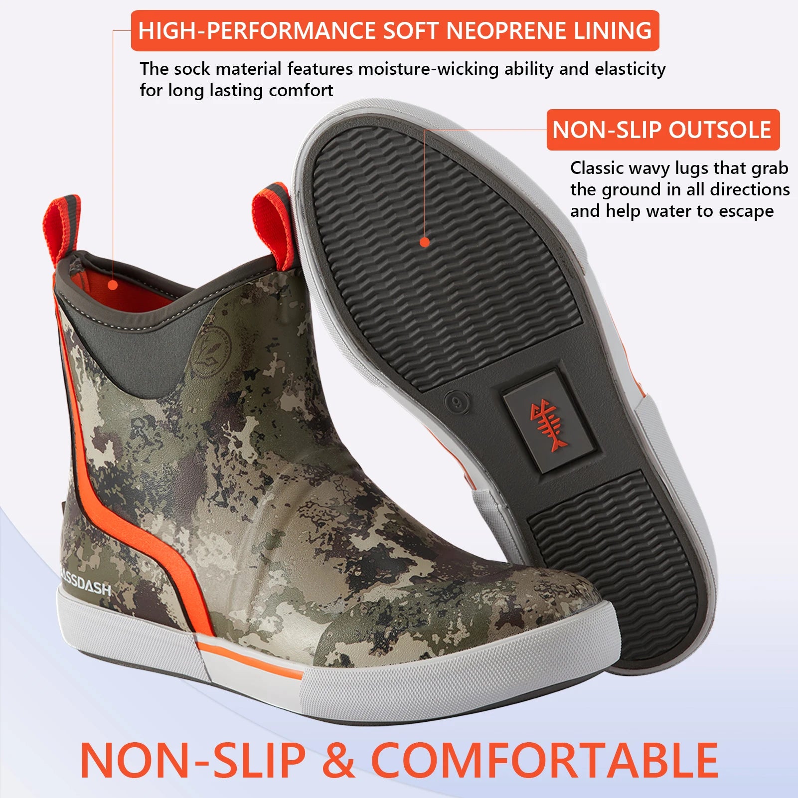 BASSDASH Men’s 6" Waterproof Deck Boots with Breathable Lining Anti-slip Neoprene Rubber Ankle Rain Boots for Fishing Boating