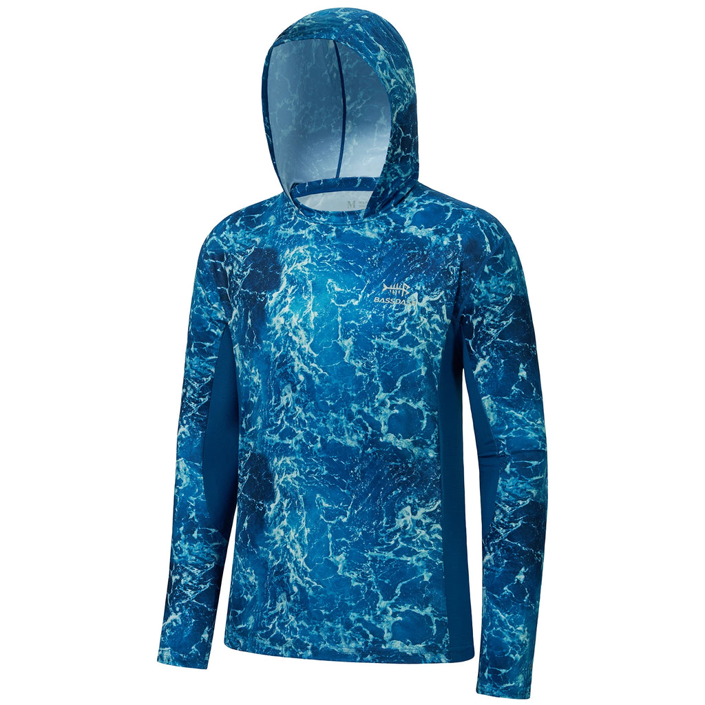 BASSDASH - Sudadera con capucha de manga larga para hombre, con protección solar, para pesca, senderismo, UPF 50+, camuflaje, con mascarilla y polaina ligera para el cuello
