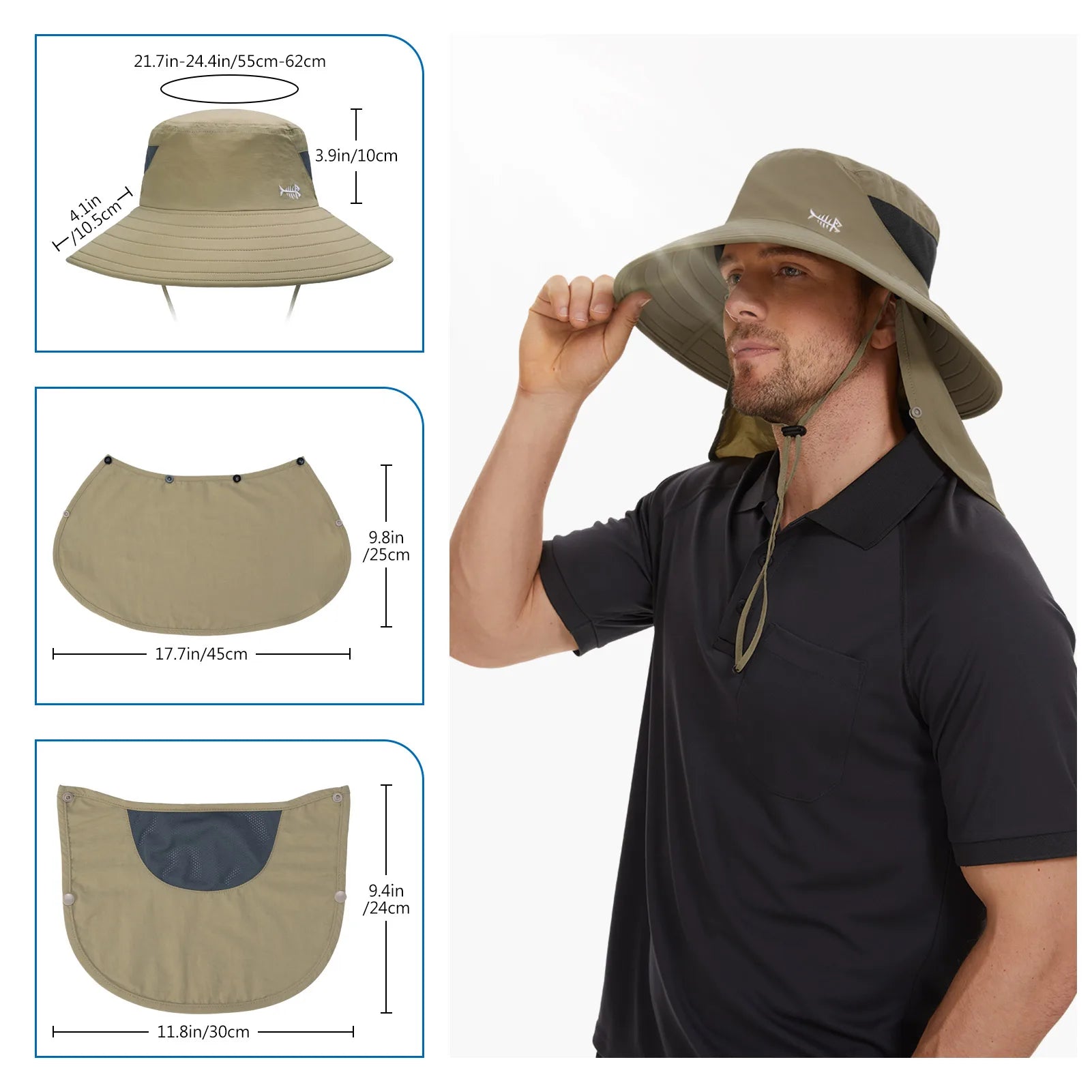 Bassdash UPF 50+ Breathable Sun Hat with Removable Face Cover and Neck Flap Unisex Water Resistant Wide Brim Bucket Hat