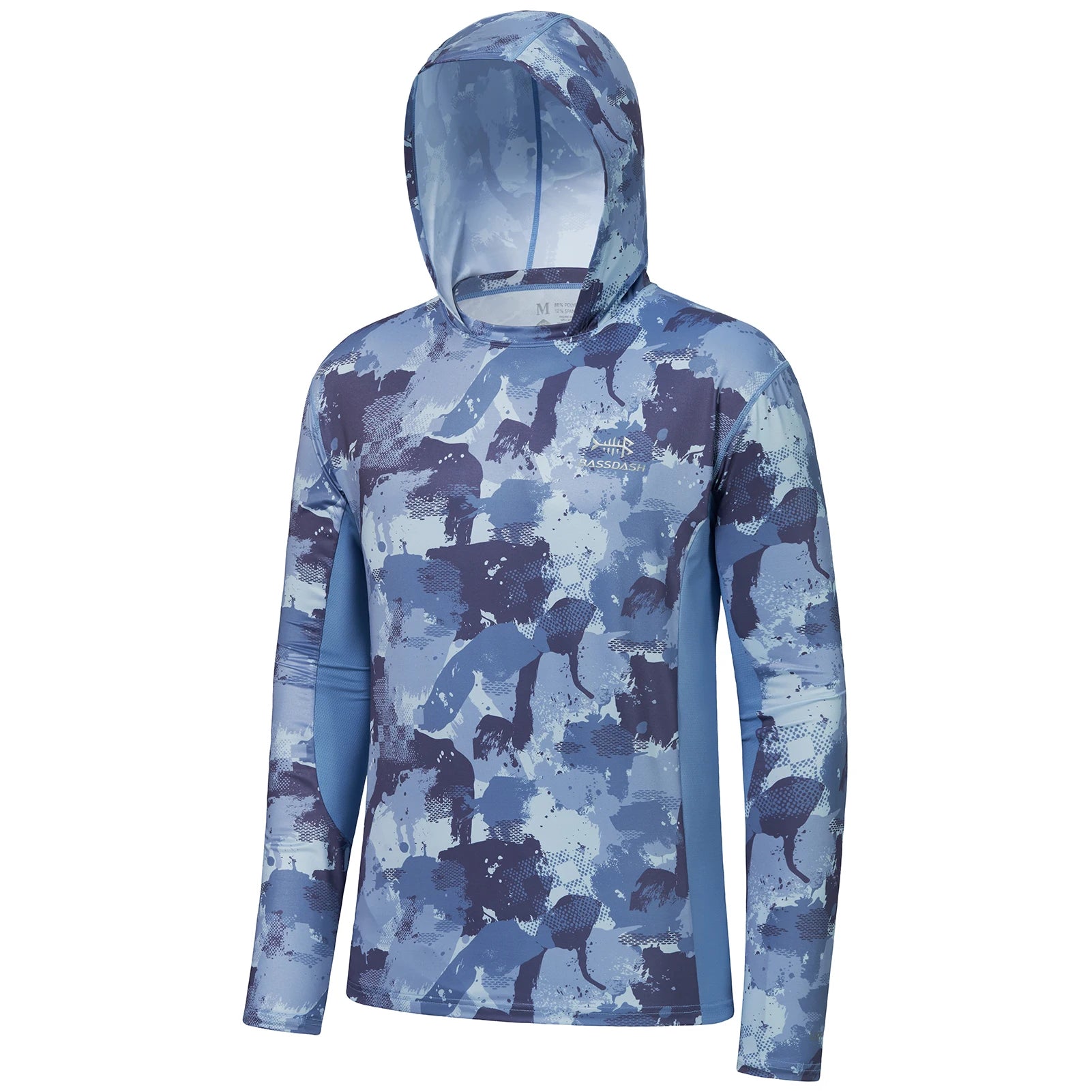 BASSDASH - Sudadera con capucha de manga larga para hombre, con protección solar, para pesca, senderismo, UPF 50+, camuflaje, con mascarilla y polaina ligera para el cuello