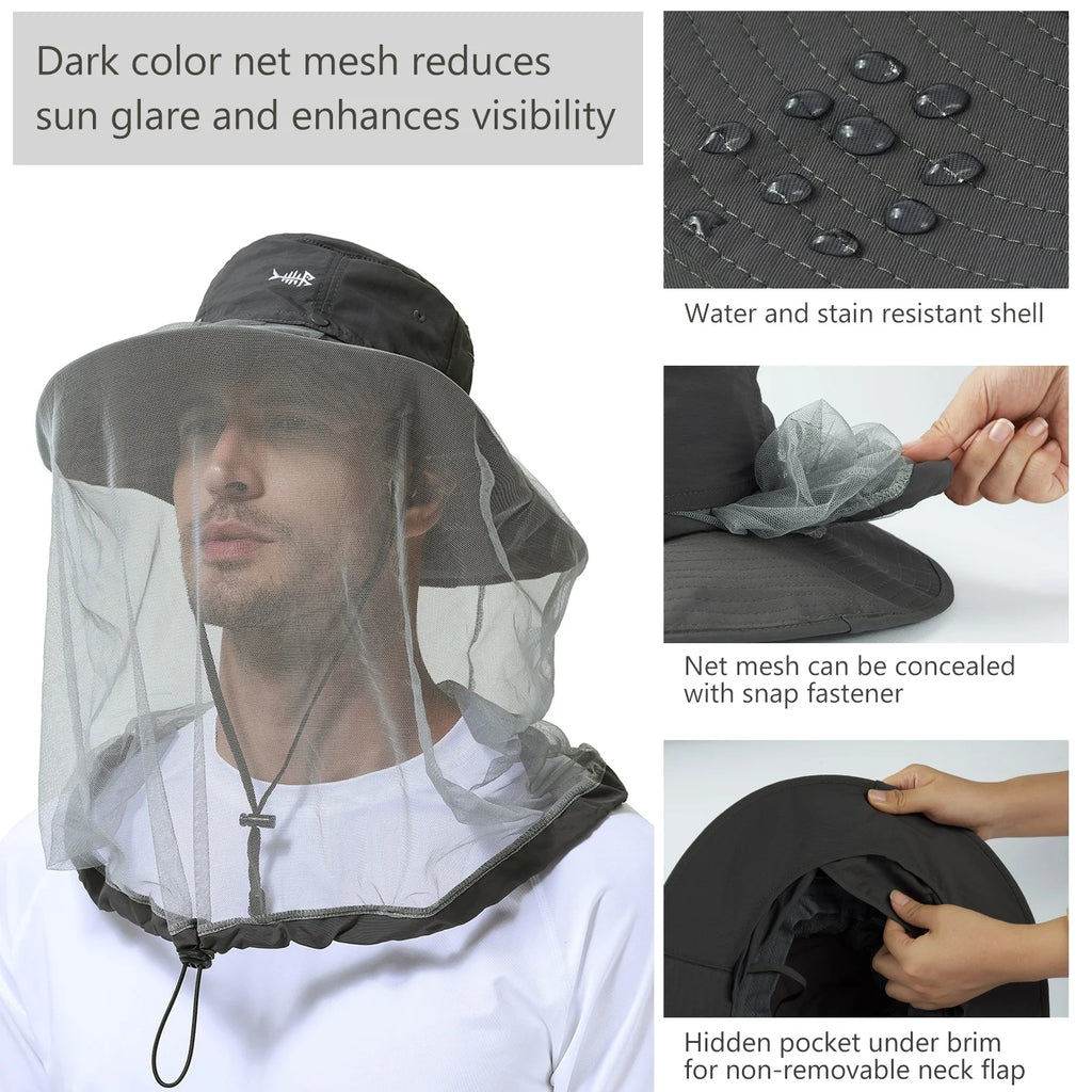 BASSDASH Sombrero antimosquitos con mosquitera oculta y solapa para el cuello para hombres y mujeres, pesca al aire libre, senderismo, camping, UPF 50+