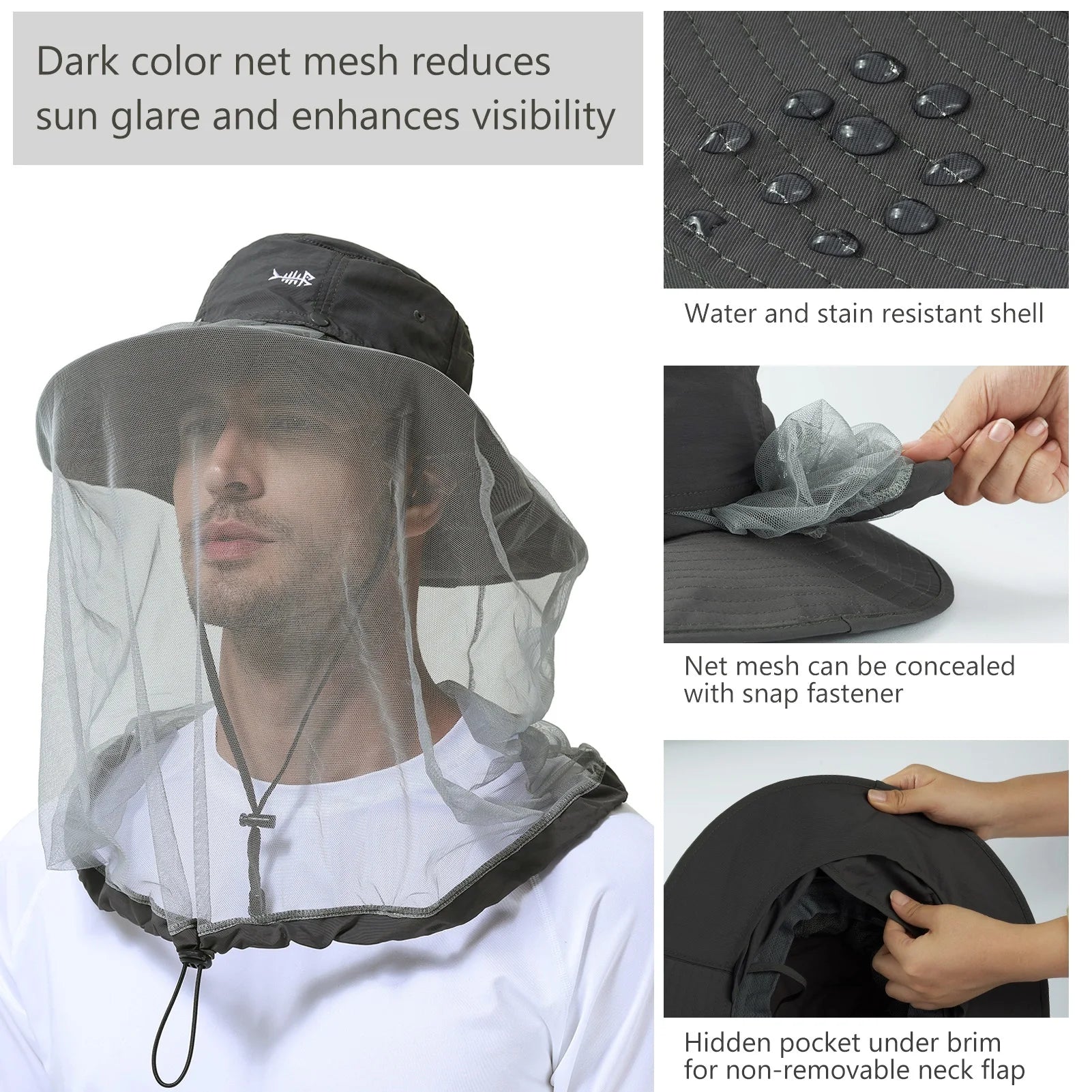 BASSDASH Sombrero antimosquitos con mosquitera oculta y solapa para el cuello para hombres y mujeres, pesca al aire libre, senderismo, camping, UPF 50+