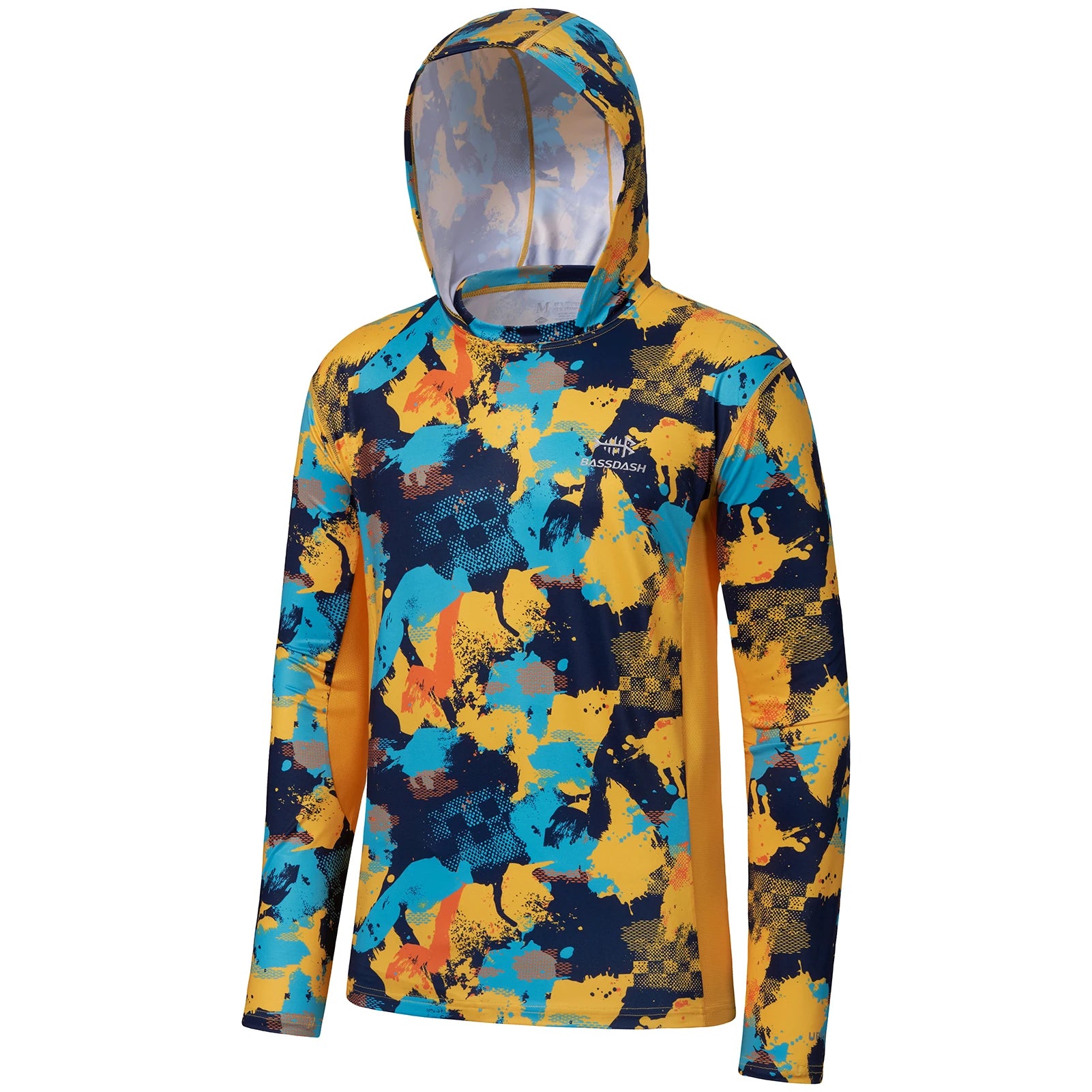 BASSDASH - Sudadera con capucha de manga larga para hombre, con protección solar, para pesca, senderismo, UPF 50+, camuflaje, con mascarilla y polaina ligera para el cuello