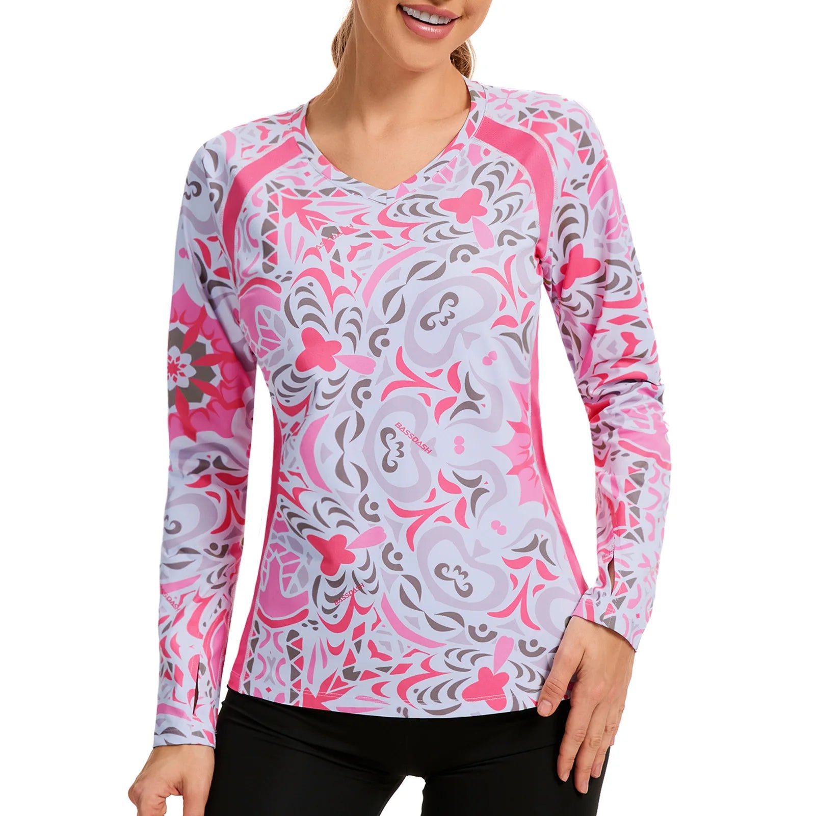 BASSDASH - Camiseta de pesca antiarrugas para mujer, con protección solar UPF 50+, cuello en V, transpirable, para senderismo
