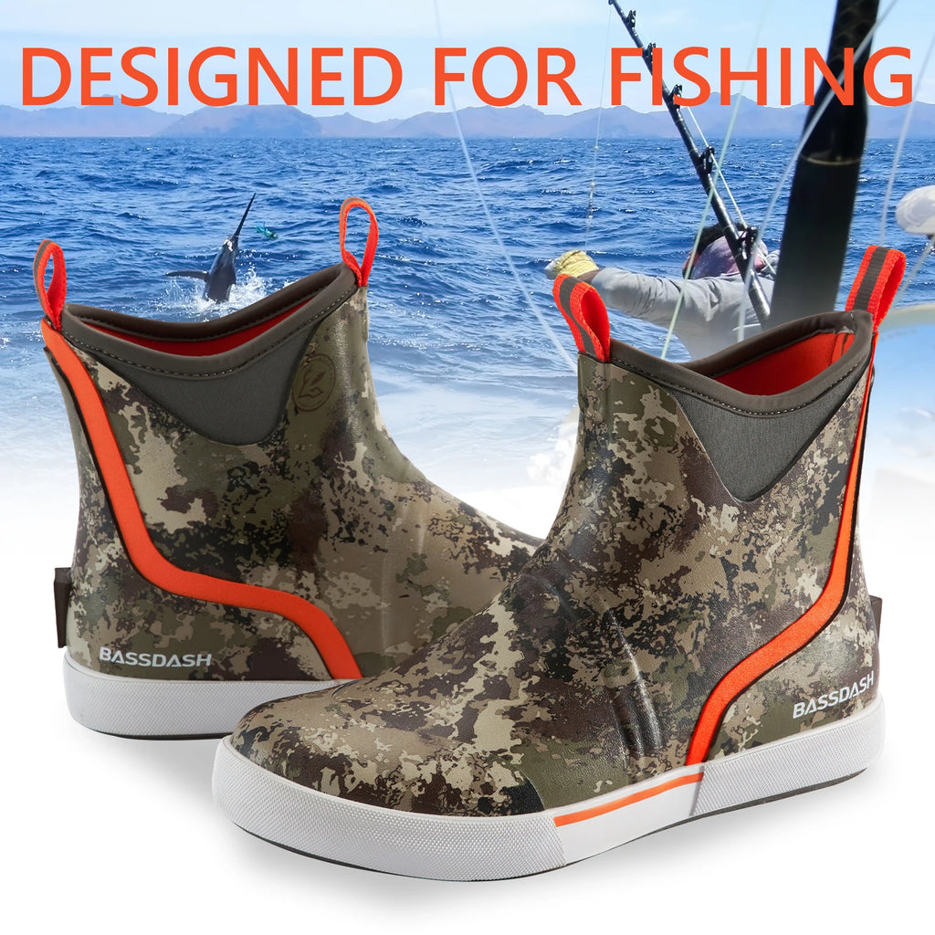 BASSDASH Men’s 6" Waterproof Deck Boots with Breathable Lining Anti-slip Neoprene Rubber Ankle Rain Boots for Fishing Boating