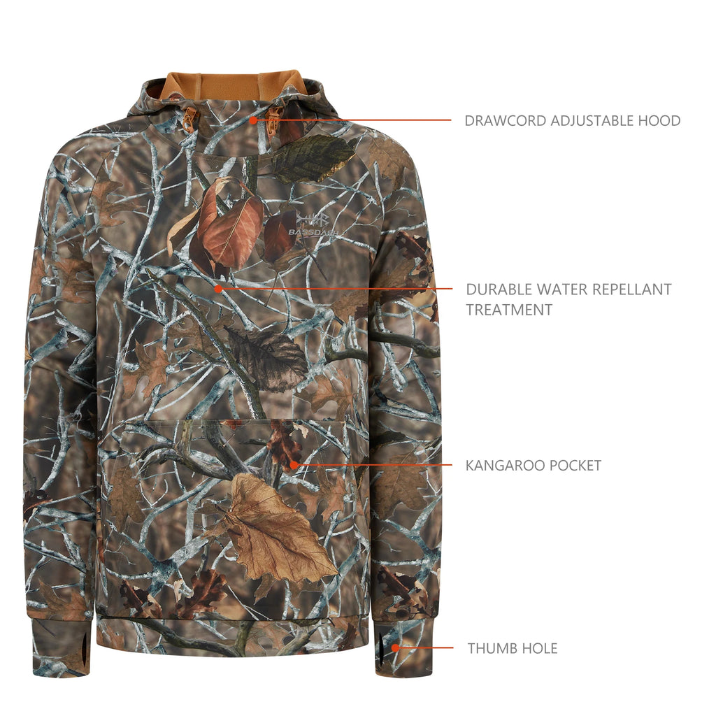 BASSDASH Men’s Fleece Lined Fishing Hoodies Water Resistant Performance Pullover Sweatshirts Stretchy Hunting Workout Sweatshirt