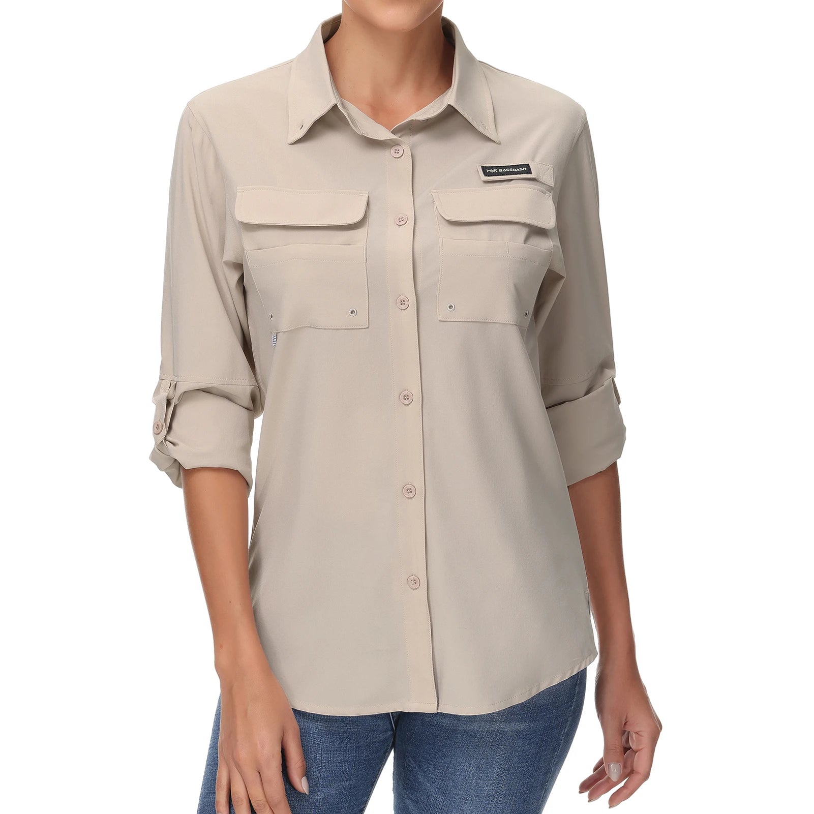 BASSDASH Camisa de pesca de manga larga para mujer, lisa, con botones, multibolsillos, transpirable, de secado rápido, UPF 50, prenda exterior superior