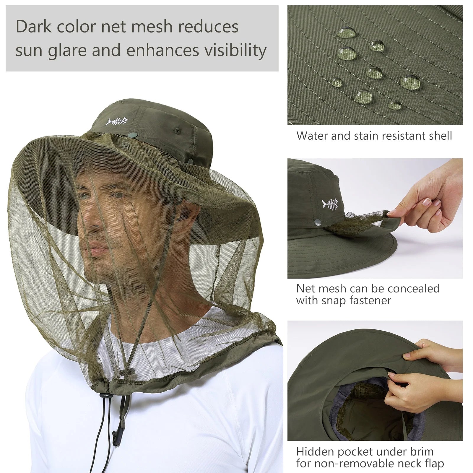 BASSDASH Sombrero antimosquitos con mosquitera oculta y solapa para el cuello para hombres y mujeres, pesca al aire libre, senderismo, camping, UPF 50+