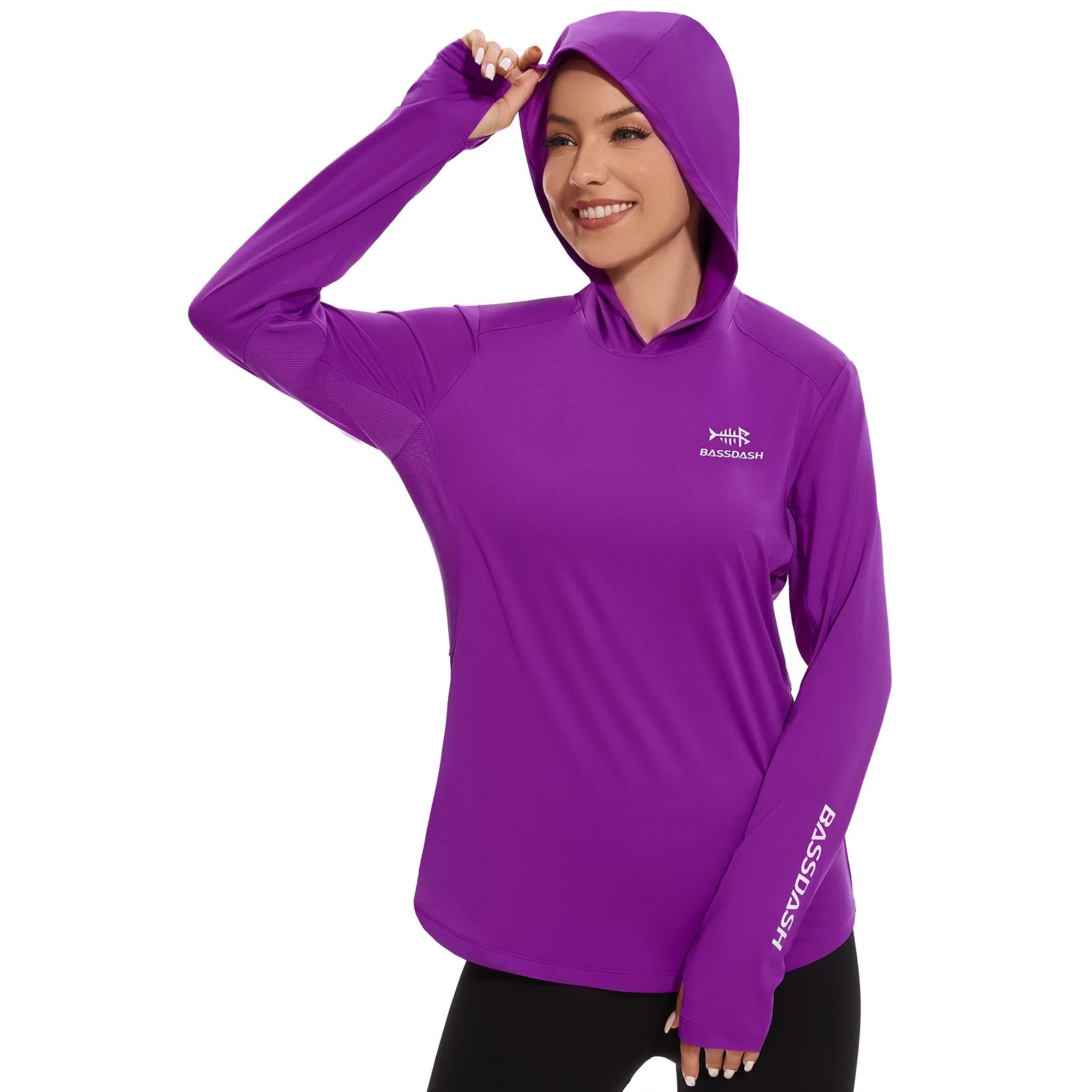 BASSDASH - Sudadera ligera de pesca con capucha y bolsillo para mujer, con protección solar UPF 50+, manga larga