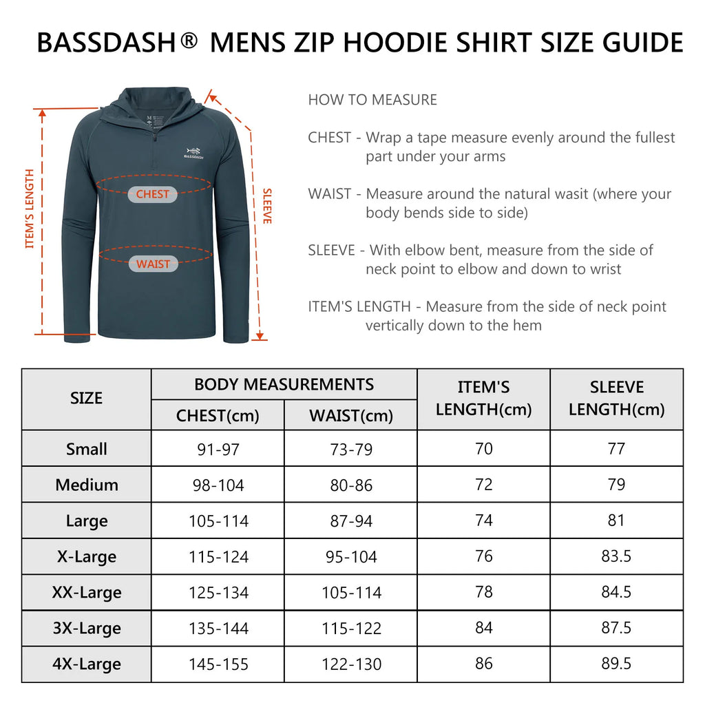 BASSDASH Men’s 1/4 Zip Fishing Hoodie Shirt UPF 50+ Quick Dry Performance Long Sleeve Sun Protection FS24M
