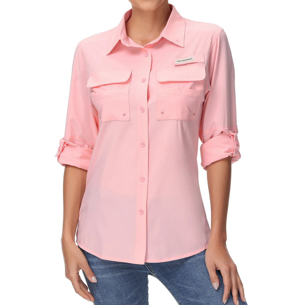 BASSDASH Camisa de pesca de manga larga para mujer, lisa, con botones, multibolsillos, transpirable, de secado rápido, UPF 50, prenda exterior superior