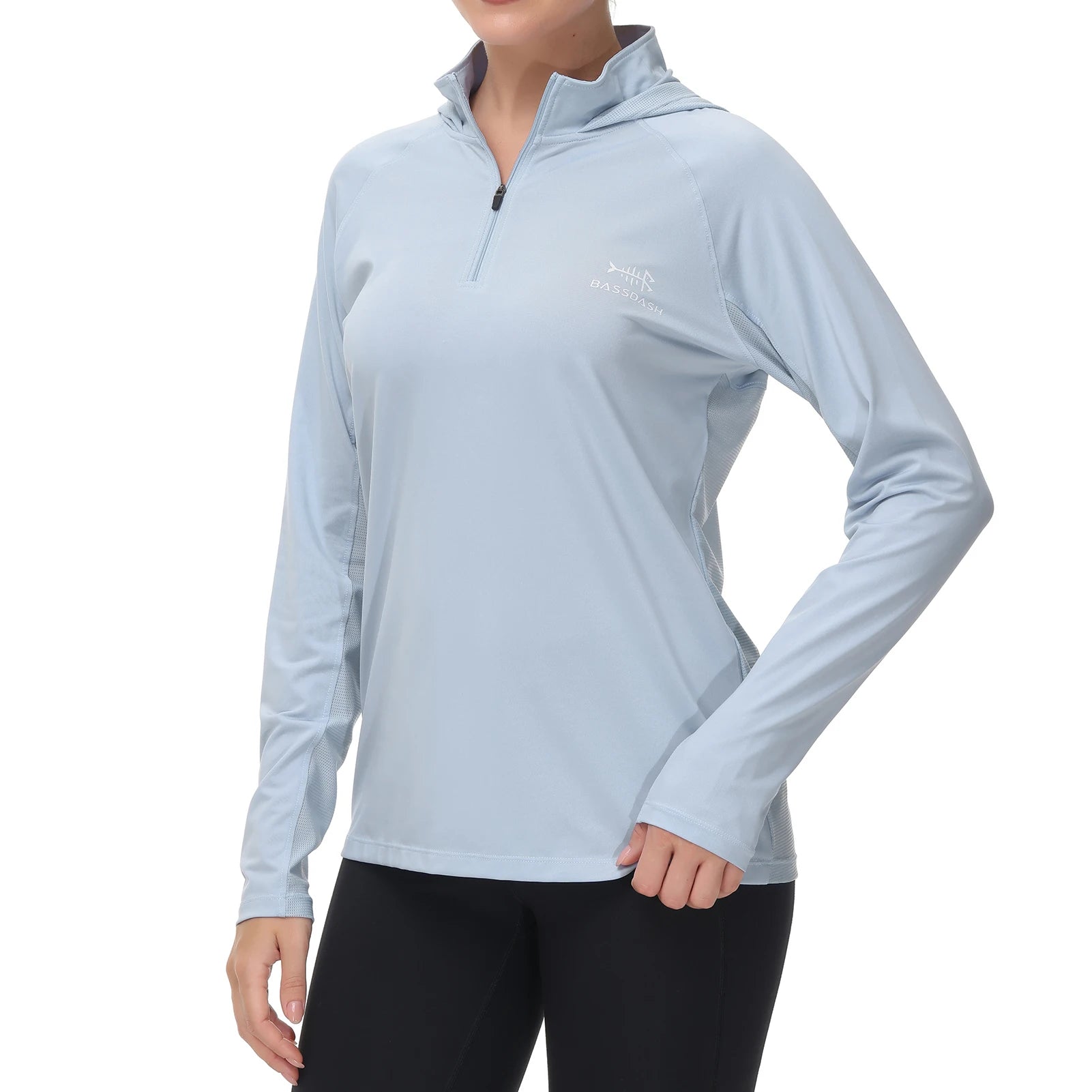 Camiseta Bassdash de manga larga con capucha y media cremallera para mujer, con protección UV UPF 50+, ideal para pesca y senderismo