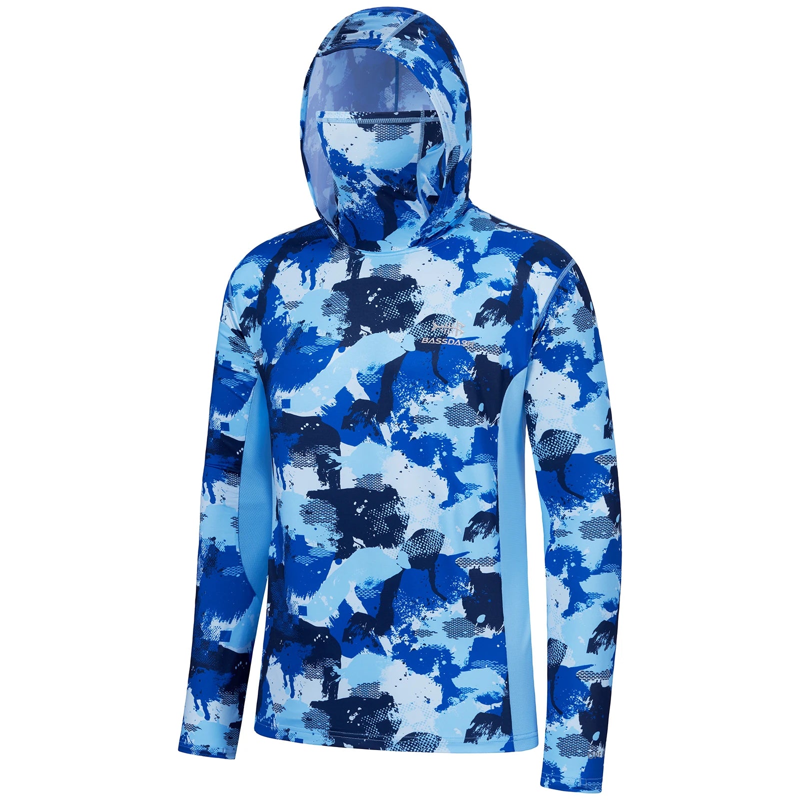 BASSDASH - Sudadera con capucha de manga larga para hombre, con protección solar, para pesca, senderismo, UPF 50+, camuflaje, con mascarilla y polaina ligera para el cuello