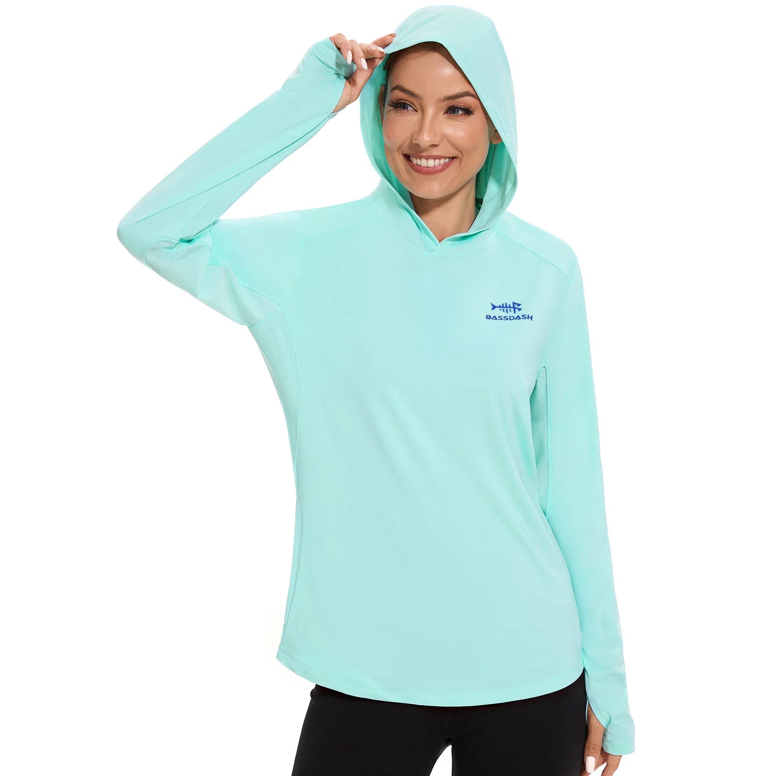 BASSDASH - Sudadera ligera de pesca con capucha y bolsillo para mujer, con protección solar UPF 50+, manga larga