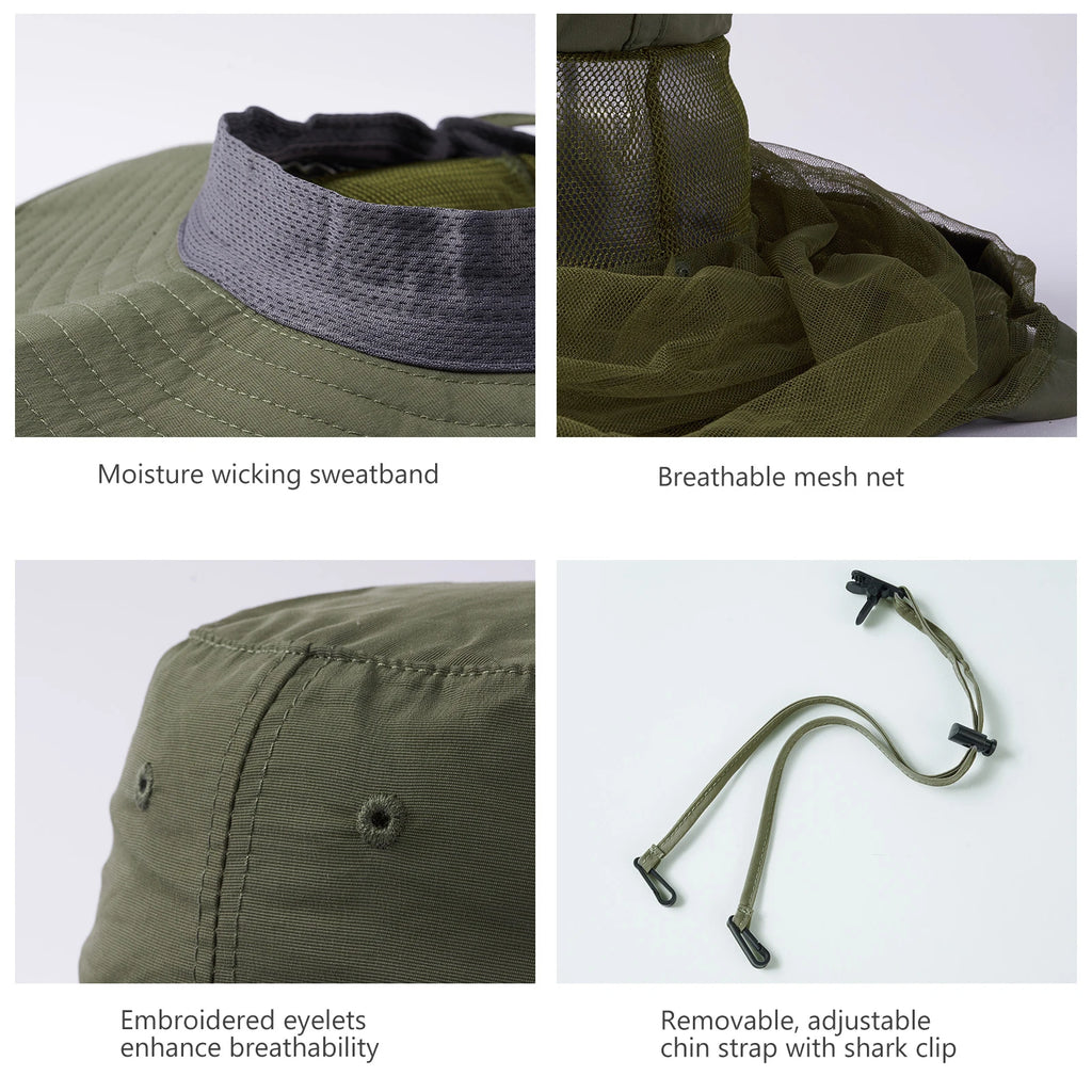 BASSDASH Sombrero antimosquitos con mosquitera oculta y solapa para el cuello para hombres y mujeres, pesca al aire libre, senderismo, camping, UPF 50+