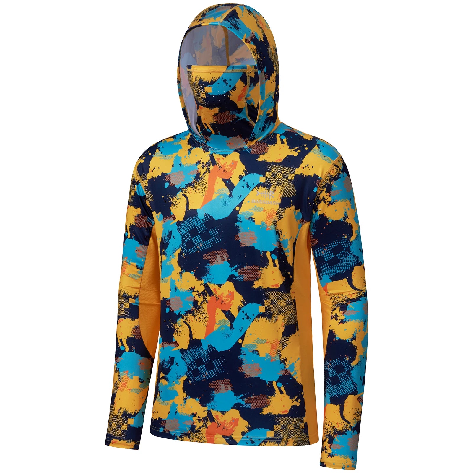 BASSDASH - Sudadera con capucha de manga larga para hombre, con protección solar, para pesca, senderismo, UPF 50+, camuflaje, con mascarilla y polaina ligera para el cuello