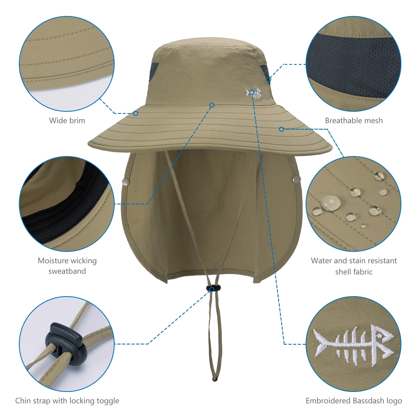 Bassdash UPF 50+ Breathable Sun Hat with Removable Face Cover and Neck Flap Unisex Water Resistant Wide Brim Bucket Hat