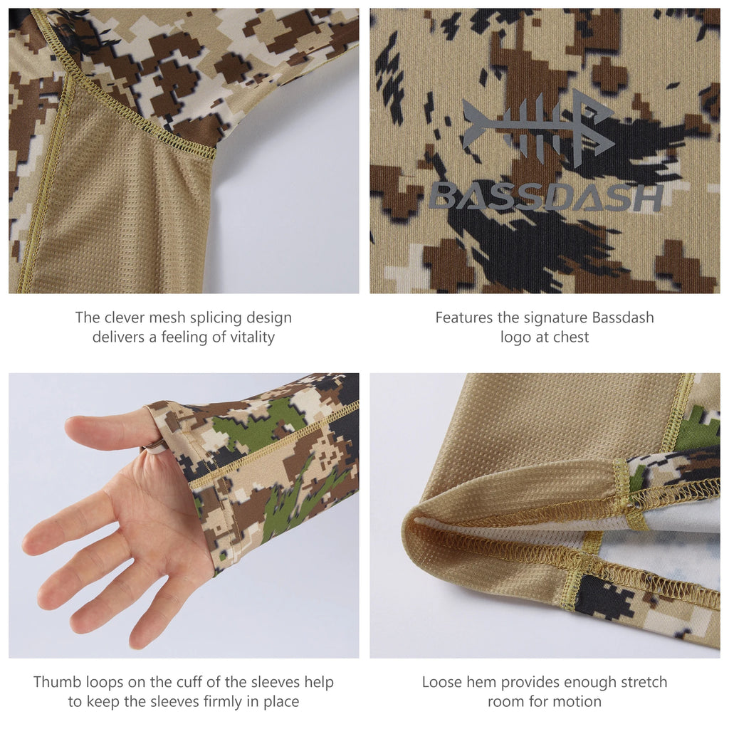 Camisa de manga larga Bassdash para hombre, de camuflaje para caza, rendimiento para pesca, sudadera con camuflaje, musgo, madera, juncos, bosque SD1