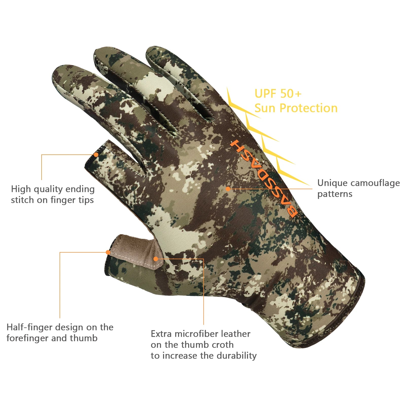 Guantes de caza unisex sin dedos BASSDASH con camuflaje para hombre y mujer, para clima cálido, pesca, UPF 50+