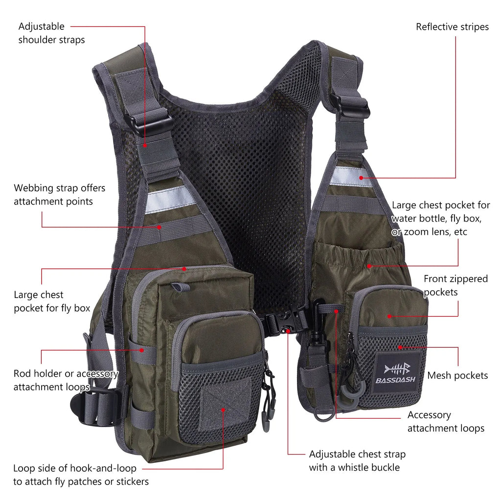 Chaleco de pesca con mosca ultraligero Bassdash  para hombres y mujeres, mochila de pecho portátil, talla única