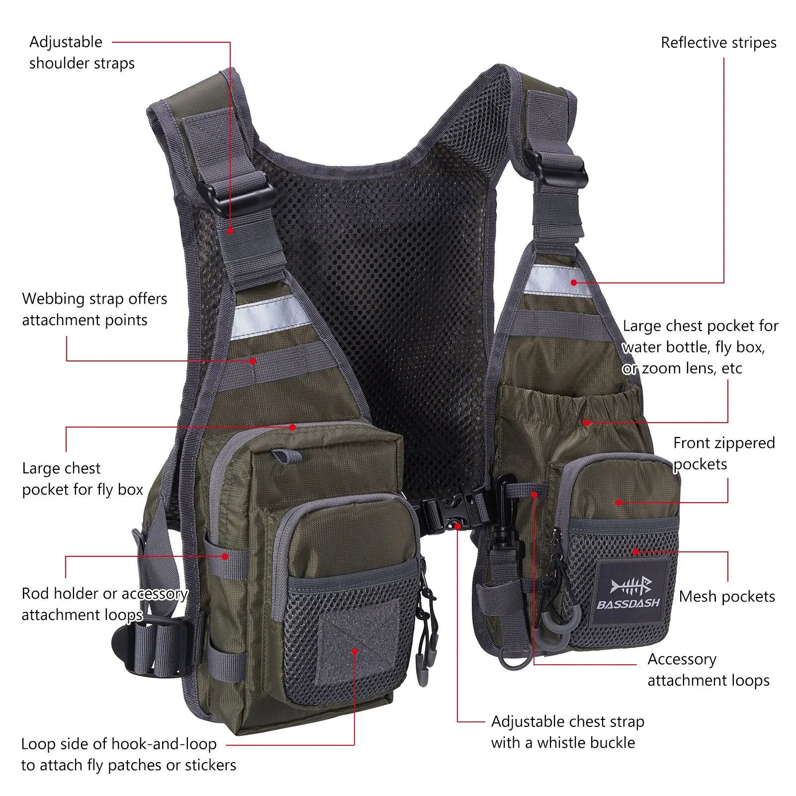 Chaleco de pesca con mosca ultraligero Bassdash  para hombres y mujeres, mochila de pecho portátil, talla única