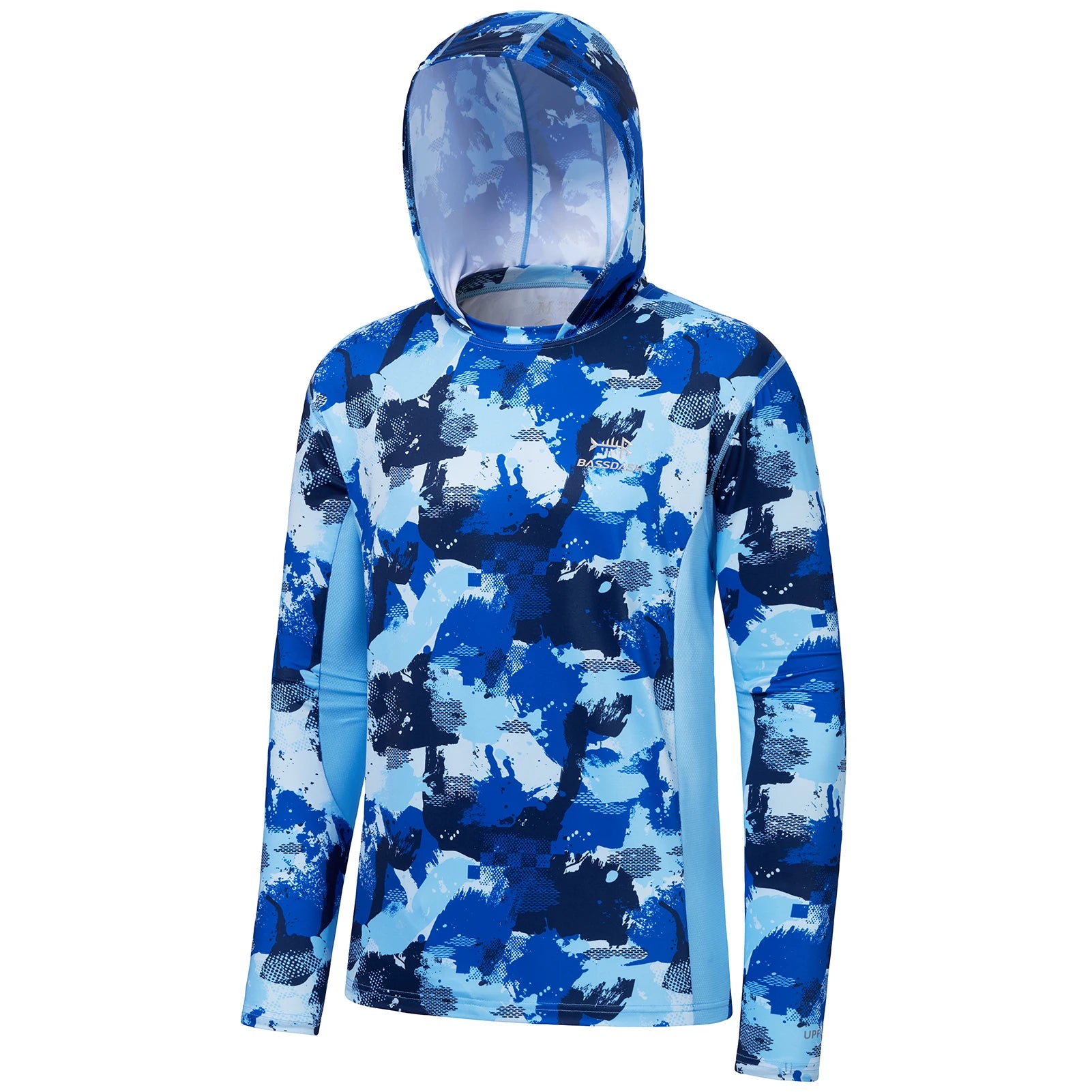 BASSDASH - Sudadera con capucha de manga larga para hombre, con protección solar, para pesca, senderismo, UPF 50+, camuflaje, con mascarilla y polaina ligera para el cuello