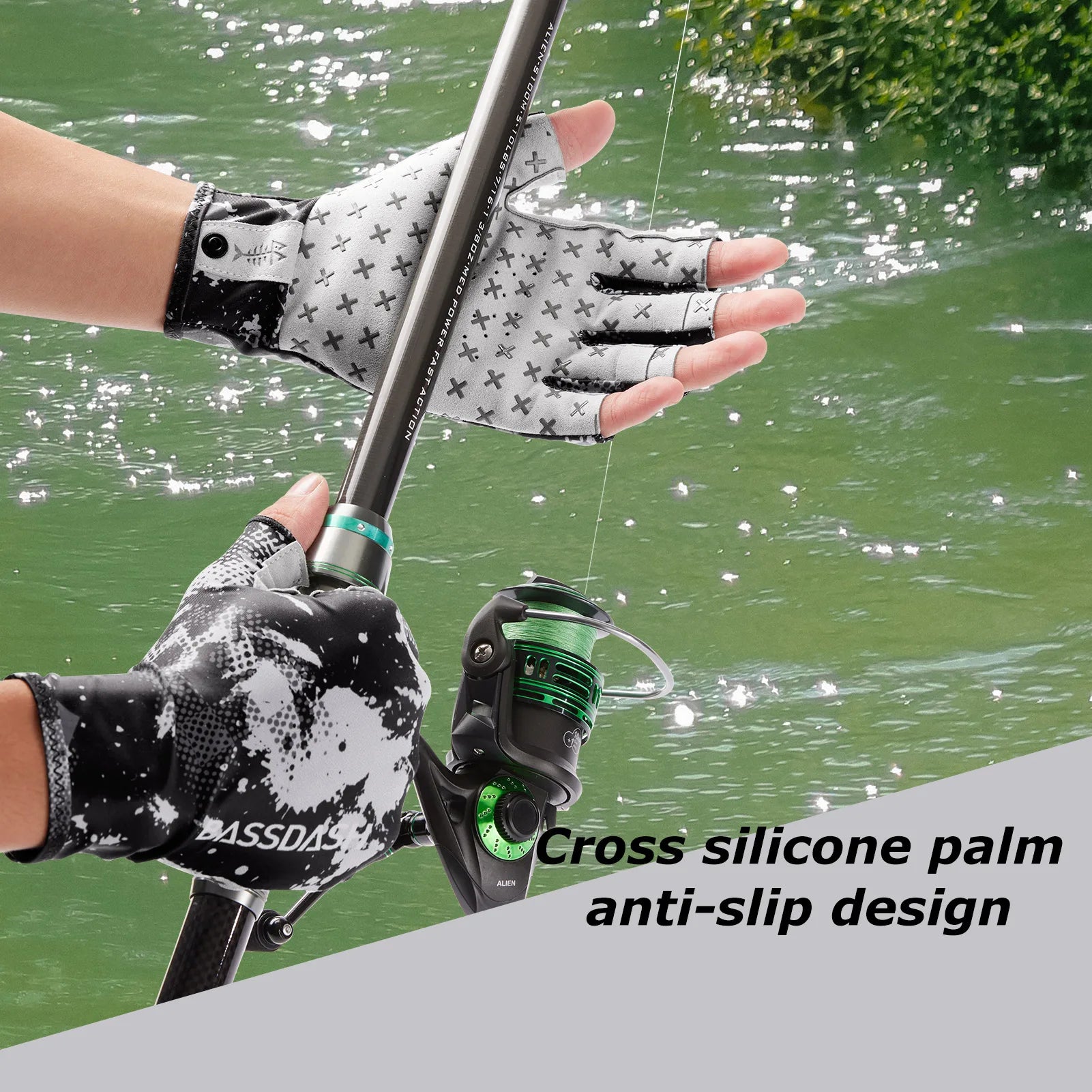 BASSDASH Guantes solares transpirables de 3/4 dedos con protección UPF 50+ y palma de silicona antideslizante para hombres y mujeres, para pescar, ciclismo, correr, sin dedos